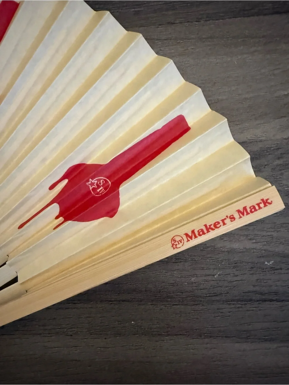 NEW Maker’s Mark Bourbon Whiskey Folding Hand Fan Red Wax Logo Promo